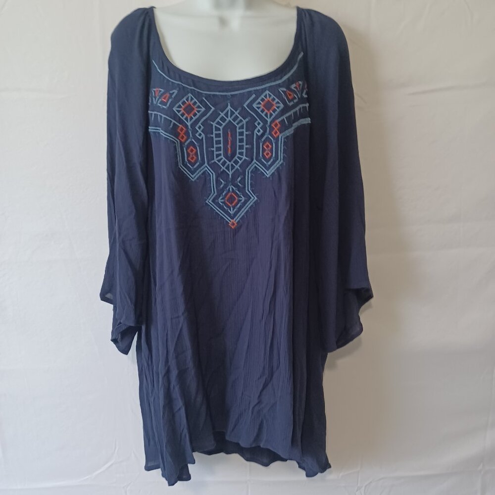 Eyeshadow top blue 3/4 bell sleeve scoop neck boho peasant  sz 1X
